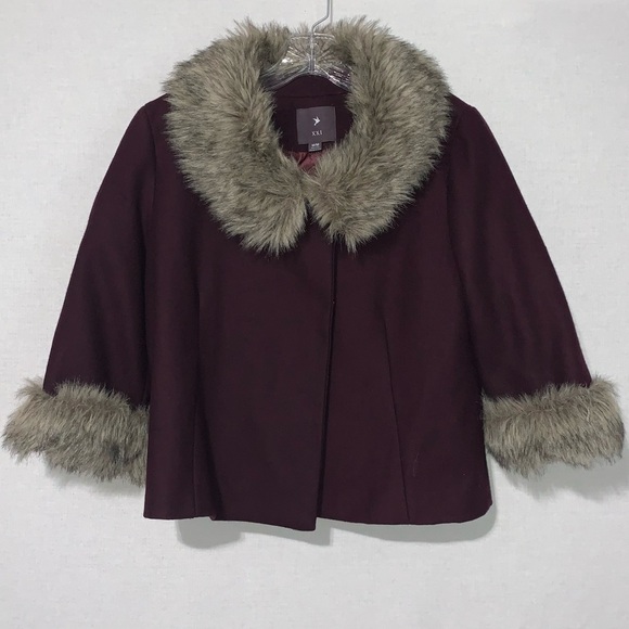 XXI Forever 21 Dark Purple and Faux Around Neckline & Cuffs Wool Jacket Sz M - Picture 1 of 9
